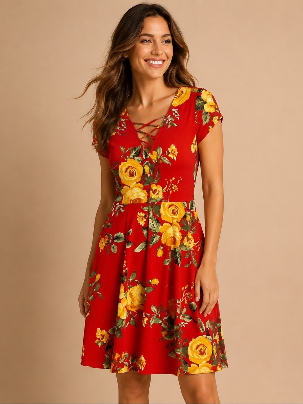 J for Justify Red Lace-Up V-Neck A-Line Dress with Yellow Rose Print Size M